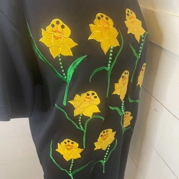 Bechamel Vintage Black Daffodil Beaded Applique Blouse Women's Size S - Picture 7 of 10